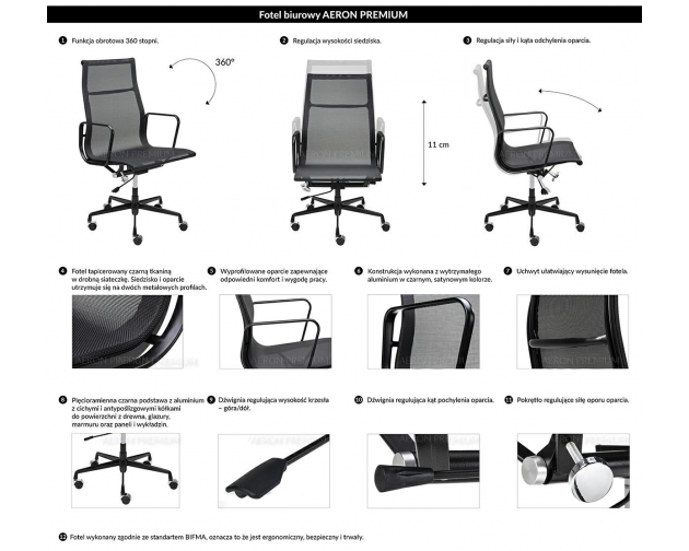 Fotel biurowy AERON PREMIUM czarny - siatka, aluminium