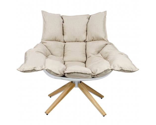 Fotel STAR beżowy - szara tkanina,  podstawa drewniana