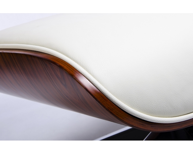 Fotel LOUNGE biały z podnóżkiem - skóra naturalna, sklejka różana