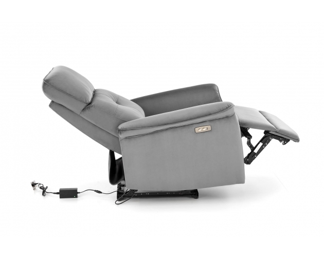 SEMIR szary velvet fotel z funkcja elektrycznego rozkładania / gniazdo USB
