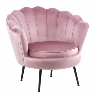 Fotel muszelka różowy welur, czarne metalowe nogi