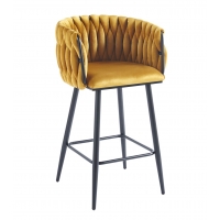 Krzesło barowe SOPHIE żółty curry welur, plecione oparcie